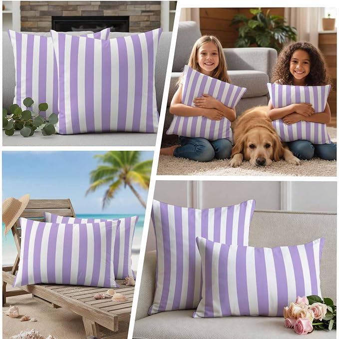 Purple Striped Outdoor Waterproof Throw Pillow Covers 26x26 Set of 2, Modern Farmhouse Purple White Stripes Decorative Pillowcases Cushion Pillowcase for Couch Sofa Patio Outside Pillow Protector