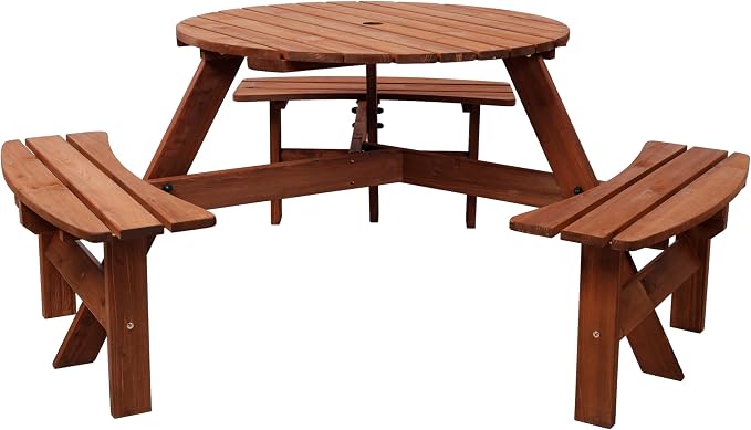 Wooden Picnic Table,Outdoor Wooden Dining Rectangle Table w/Umbrella Hole,for Patio,Garden,Backyard