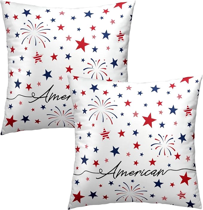 4th of July Pillow Covers 18x18 Inch Set of 2 Patriotic Red White Blue Summer Outdoor Throw Pillow Covers,Independence Memorial Day USA Flag Cushion Case for Sofa Couch Decor