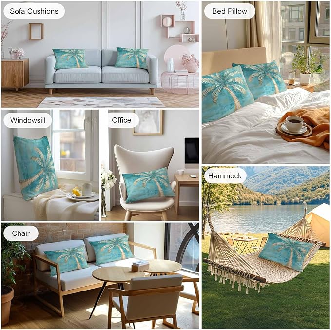 Coastal Beach Tree Green Outdoor Waterproof Pillow Covers, Vintage Tropical Flower Plant Decorative Rectangle Throw Pillowcase Sofa Cushion Sham for Patio/Couch/Chair, 20"x12" 2 Pack