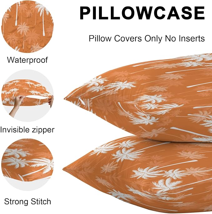 Throw Pillow Covers 16x16 Inch Set of 2, Tropical Palm Tree Waterproof Outdoor Pillow Covers, Orange White Plants Coastal Leaf Beach Decorative Cushion Pillowcases for Couch, Sofa, Bed, Garden, Patio