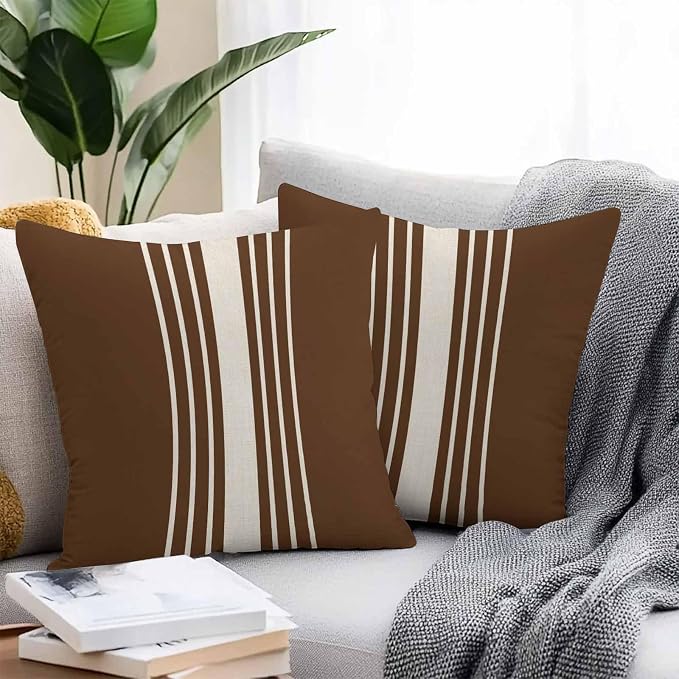Throw Pillow Covers 20x20 Inch Set of 2, Brown Beige Striped Waterproof Outdoor Cushion Covers, Modern Farmhouse Retro Lines Decorative Pillowcases for Couch, Sofa, Bed, Garden, Patio