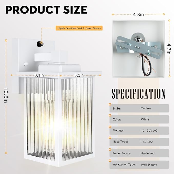 2 Pack White Dusk to Dawn Outdoor Wall Light, Porch Light | Auto On/Off, Rust-Resistant Metal Frame, Tempered Glass, Easy DIY Install on Porch, Garage