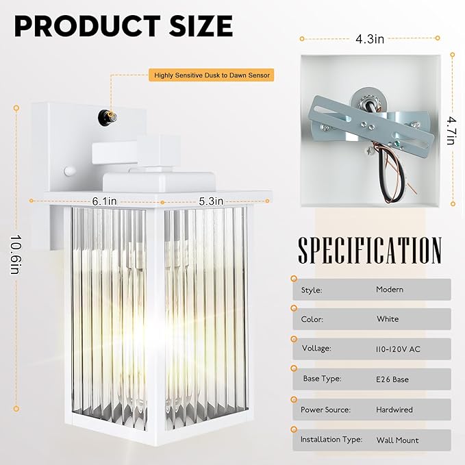 White Dusk to Dawn Wall Mount Porch Lights, Exterior Light Fixtures | Auto On and Off, Anti-Rust Metal Frame, Tempered Glass, E26 Socket, Easy DIY Install on Porch, Garage
