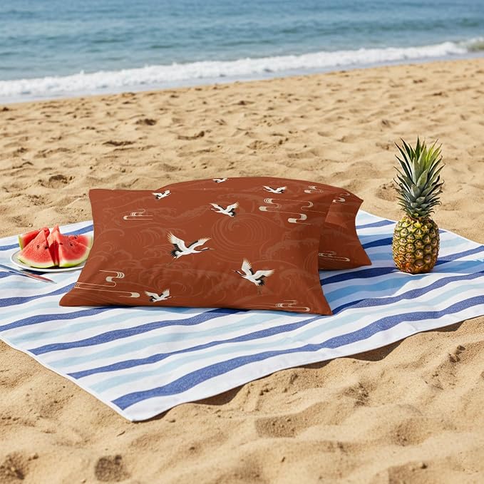 Japanese Style Outdoor Pillow Covers 20x12 Inch Lumbar Pillow Covers Set of 2 Waterproof Decorative Throw Pillow Cases Vintage Art Cranes Ocean Wave Red Cushion Covers for Patio Furniture Garden Couch