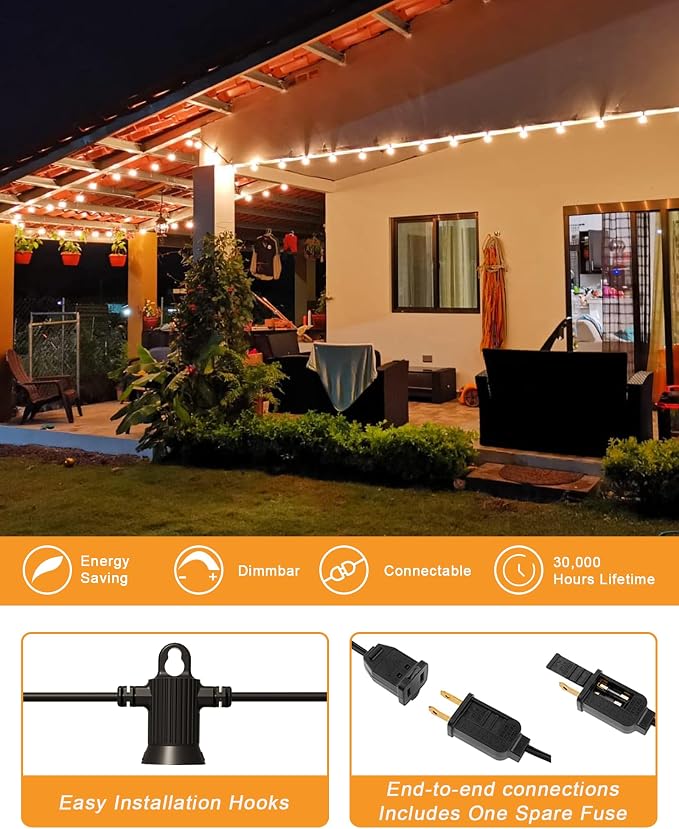 Zuske Outdoor String Lights, 150FT Patio Lights with 75 Shatterproof G40 Globe Bulb(3 Spare), Waterproof Connectable Dimmable LED Hanging Lights for Outside Backyard Porch Balcony Gazebo (2x75FT)