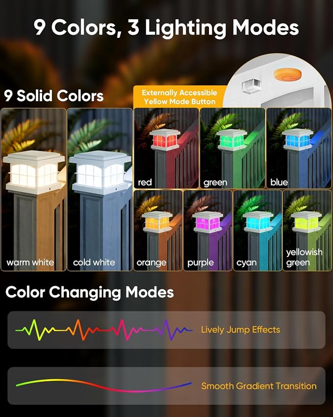 RGBCW Solar Post Cap Lights 8-Pack, 9 Colors 3 Modes Fence Cap Lights, Bright Solar Outdoor Waterproof LED Deck Lighting for Fence Garden Deck Patio Porch Decor 4x4 Vinyl/Wood, White