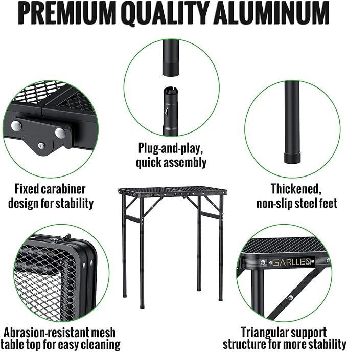 GARLLEN 2ft Folding Grill Table Max Capacity 66lbs, 3-Height Adjustable Folding Camping Table with Heat-Resistant Mesh Tabletop, Portable Aluminum Picnic Tables for BBQ, Outdoor, 22.8" L x 15.7" W