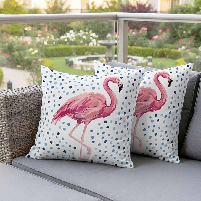 Flamingo Outdoor Waterproof Throw Pillow Covers 20 x 20 Inches Set of 2 Art Flamingo Blue Polka Dots Summer Tropical Decorative Cushion Cover Pillowcase for Garden Patio Tent Beach Sofa Couch