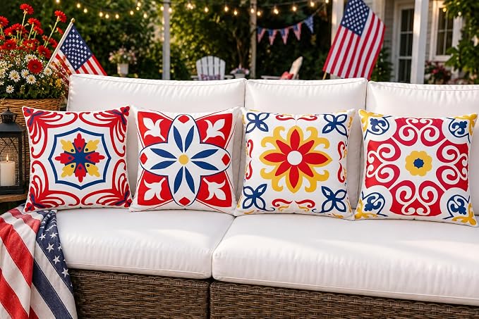 Pyonic 4th of July Outdoor Pillows Waterproof Throw Pillow Covers Set of 4 Red Blue White Floral Printed Patriotic Outdoor Pillow Covers for Patio Funiture Garden 18x18 Inch-Double Side
