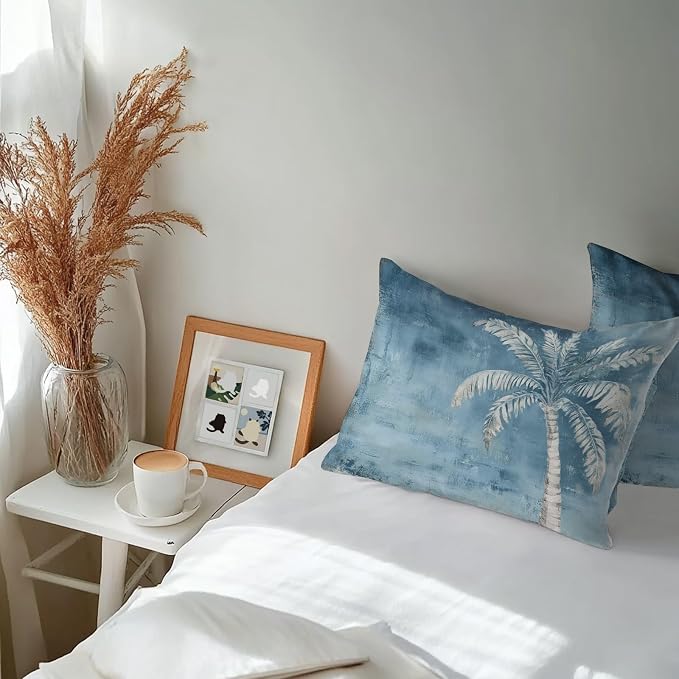 Coastal Beach Tree Blue Grey Outdoor Waterproof Pillow Covers, Vintage Summer Palm Tropical Botanical Decorative Rectangle Throw Pillowcase Sofa Cushion Sham for Patio/Couch/Chair, 20"x12" 2 Pack