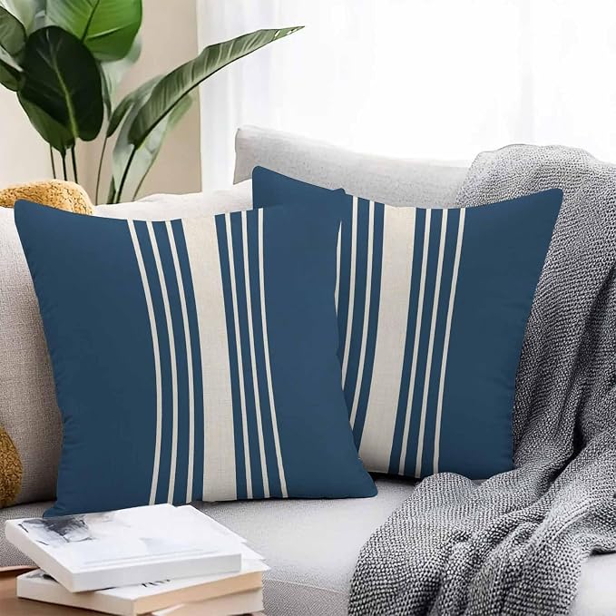 Throw Pillow Covers 20x20 Inch Set of 2, Navy Blue Beige Striped Waterproof Outdoor Cushion Covers, Modern Farmhouse Retro Lines Decorative Pillowcases for Couch, Sofa, Bed, Garden, Patio