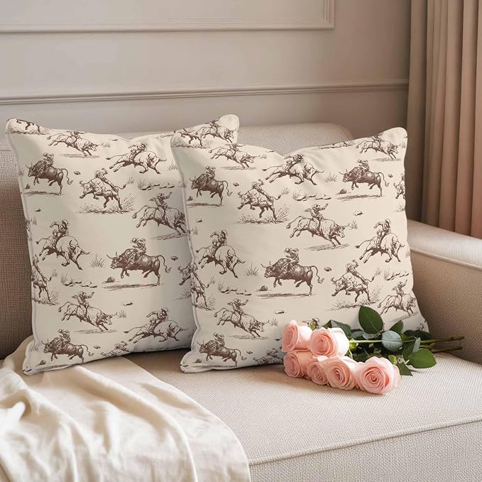 Western Cowboys Outdoor Pillow Covers Waterproof, All Weather Cushion Case Set of 2, Vintage Farmhouse Cow Nature Scenery Decorative Pillowcases for Sofa Couch Bed Decor Patio Furniture 20"x20"
