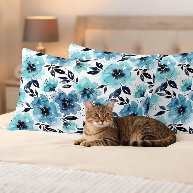 Botanical Floral Leaves Outdoor Waterproof Pillow Covers Pack of 2, Watercolor Painting Blue Gradient Blooms Throw Pillowcases Decorative Cushion Covers for Garden Patio Tent Sofa Couch, 20x12 inch
