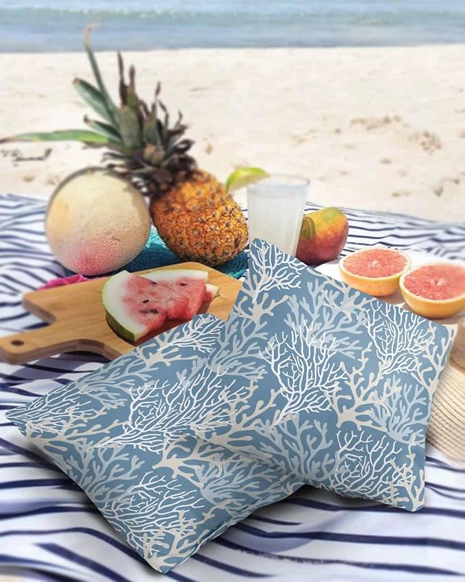 Pack of 2 Outdoor Pillow Covers 16x16 Waterproof Blue Coral Coastal Throw Pillow Covers, Decorative Pillowcases Nautical Ocean Marine Organism Cushion Covers for Patio Garden Couch Pillow Case