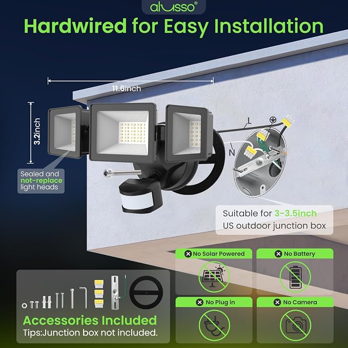 ALUSSO Motion Sensor Outdoor Lights Hardwired(Not Solar),40W 4500LM Flood Lights Outdoor 120V, 3CCT 3000K/4000K/6500K, 3 Modes(Dusk to Dawn/Auto/On Time) Security Light ETL Listed, Black, 2Pack