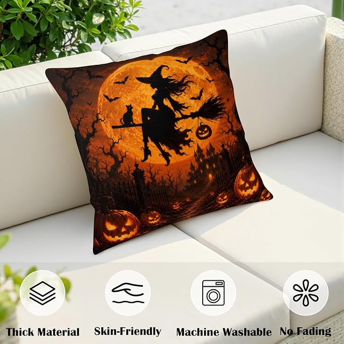 Orange Halloween Pillow Covers 20x20 Set of 2 Spooky Castle Witch Throw Pillow Covers Jack-O-Lantern Pumpkins Decorative Pillowcase for Couch Sofa Indoor Outdoor