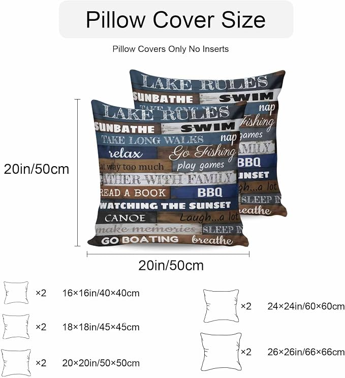 Vandarllin Outdoor Throw Pillows Covers 20x20 inch Set of 2 Waterproof Lake Rules on Wood Grain Decorative Zippered Cushion Covers for Patio Furniture, Rustic Text Wooden Lumbar Pillowcases