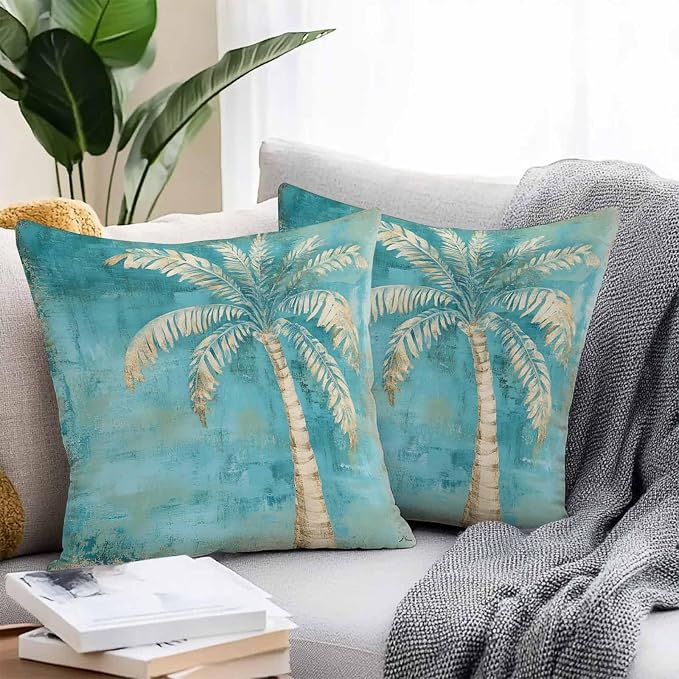 Coastal Beach Tree Green Outdoor Waterproof Pillow Covers, Vintage Tropical Flower Plant Decorative Square Throw Pillowcase Sofa Cushion Sham for Patio/Couch/Chair, 18"x18" 2 Pack