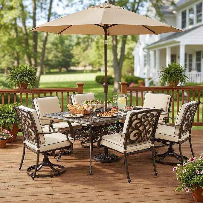 Tangkula 59 Inches Outdoor Dining Table, All-Weather Cast Aluminum Table with Umbrella Hole, 6-8 Person Rectangular Dining Table for Garden, Backyard and Poolside (Bronze)