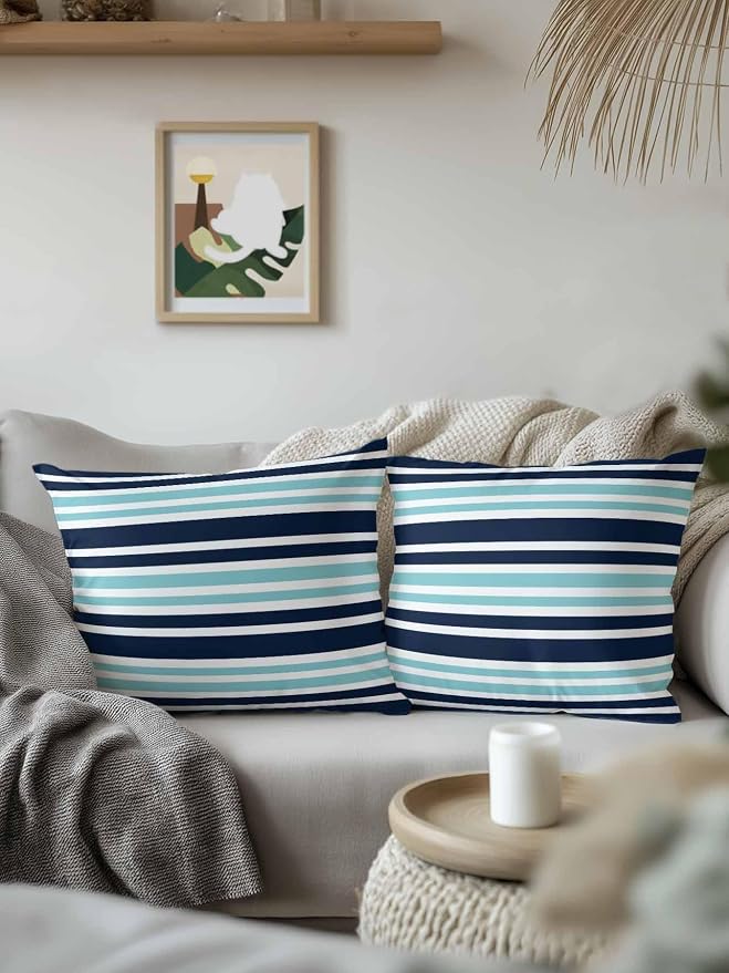Outdoor Waterproof Throw Pillows Nautical Navy Blue Contrast Stripe Patio Pillows Pack of 2,Decorative Pillow Covers with Insert,Pillow Cushion Case for Garden Couch Sofa Modern Minimalist Line