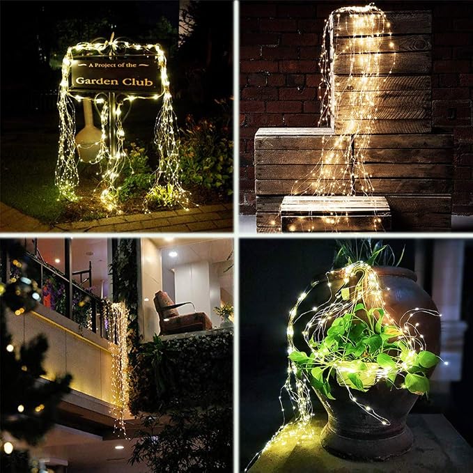 2 Pack 220 LED Firefly Bunch Lights Battery Operated, 8 Flashing Modes Waterproof Copper Wire Waterfall Lights, Remote Controlled Timer and Hooks, Fairy Lights for Indoor Outdoor Decor (Warm White)