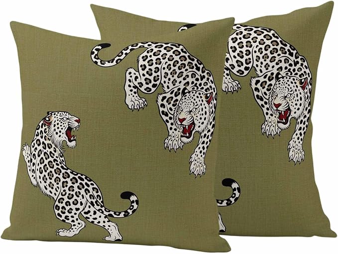 Vandarllin Outdoor Throw Pillows Covers 18x18 inch Set of 2 Waterproof Green Leopard Decorative Zippered Cushion Covers for Patio Furniture, Bohemian Animal Print Lumbar Pillowcases