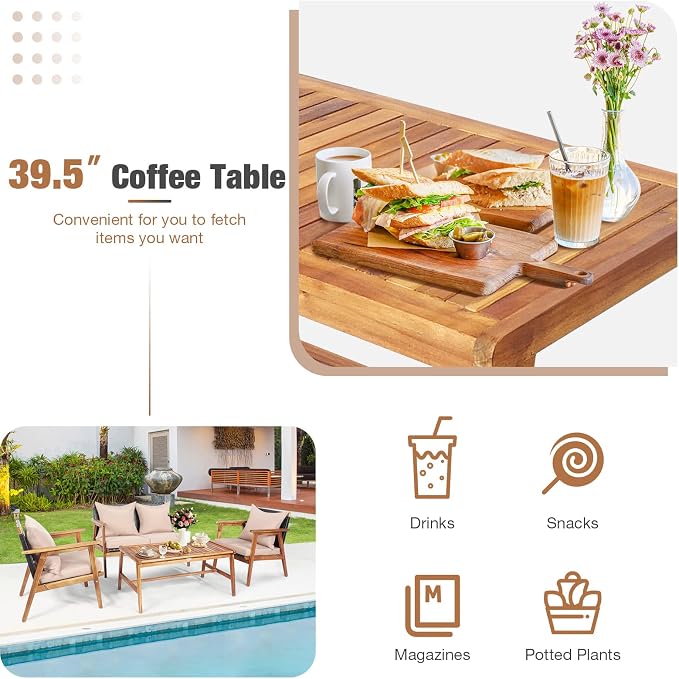 HAPPYGRILL 4 Piece Outdoor Rattan Sofa Set Acacia Wood Frame Conversation Set with Coffee Table, Modern Style for Backyard, Patio, Garden, Poolside, Balcony