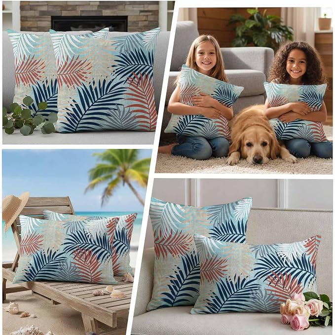 Outdoor Waterproof Throw Pillow Covers, Red Blue Teal Palm Leaves Decorative Pillow Cases, Summer Botanical Tropical Leaf Couch Pillow Protector Patio Sofa Cushion Covers Replacement 18"x18" 2 Pack