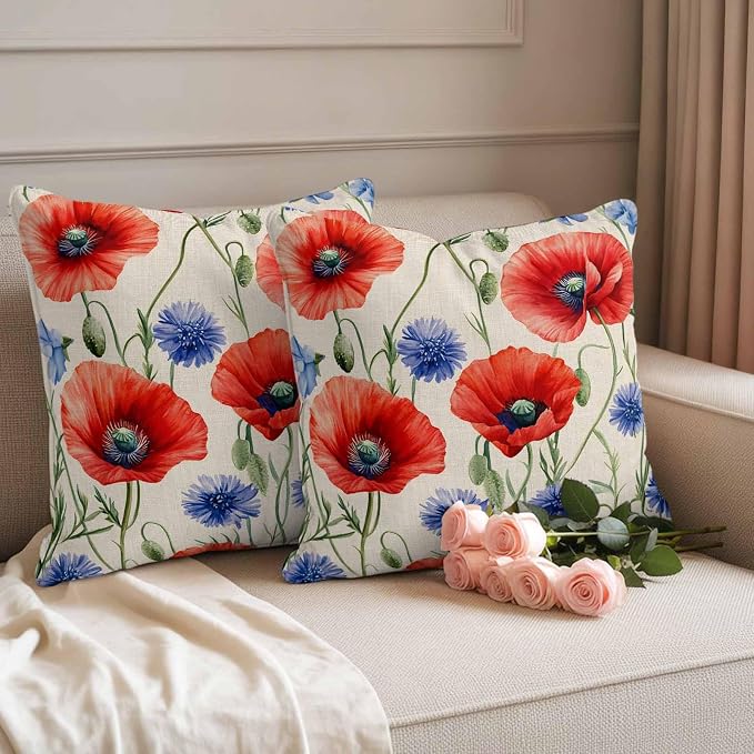 Red Blue Flowers Waterproof Outdoor Pillow Covers Set of 2 Home Decor, Patriotic Poppy Floral Summer Country Pillowcase Patio Pillow Covers for Couch Bench Furniture Garden 26x26in
