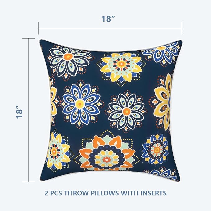 LVTXIII Outdoor Throw Pillows 18x18 Patio Waterproof Square Pillows with Piping Fade Resistant Accent Pillow for Spring Summer Garden Decoration, Set of 2, Bloom Medallion‌ Cobalt