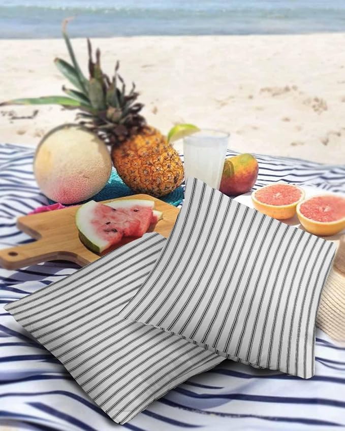 Outdoor Waterproof Throw Pillow Covers Set of 2 Black Stripe Pillowcases 24x24 Inches Vertical Striped Patio Decorative Pillows Cushion Case Patio Pillows for Couch Bed Chair Garden