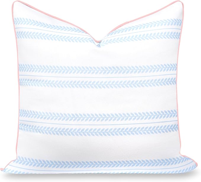 Hofdeco Premium Coastal Grandmillennial Patio Indoor Outdoor Throw Pillow Cover Only, 22"x22" Water Repellent for Backyard, Couch, Poolside, Baby Blue Pink Print Leaf Striped