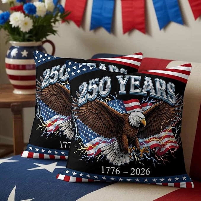 America 250 Years Eagle Outdoor Pillow Covers 18"x18" Set of 2, Independence Day Lightning Red Blue Flag Waterproof Throw Pillow Covers for Patio Furniture, Decorative Cushion Covers for Porch