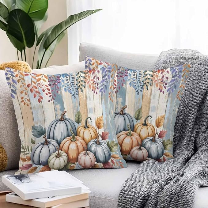 Orange Pumpkins Outdoor Waterproof Pillow Covers, Eucalyptus Leaves Wood Grain Country Rustic Decorative Square Throw Pillowcase Sofa Cushion Sham for Patio/Couch/Chair, 26"x26" 2 Pack