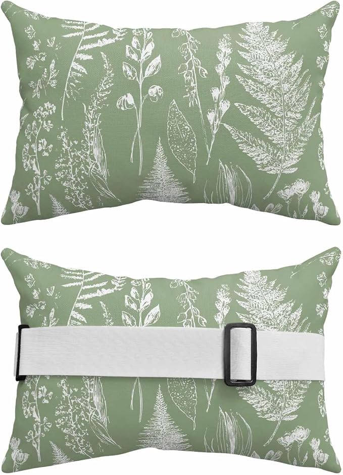 Outdoor Pillows for Chaise Lounge Chair Set of 2 Fern Leaves Sage Green Foliage Waterproof Lumbar Pillows with Insert for Beach Chair,Patio Office,Pool Recliner,Watercolor Botanical Sketch 11x16IN