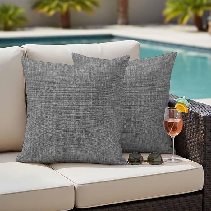 Outdoor Waterproof Throw Pillow Covers Set of 2 Grey Linen Pillowcases 26x26 Inches Farmhouse Pure Color Decorative Pillows Cushion Case Patio Pillows for Couch Bed Chair Garden