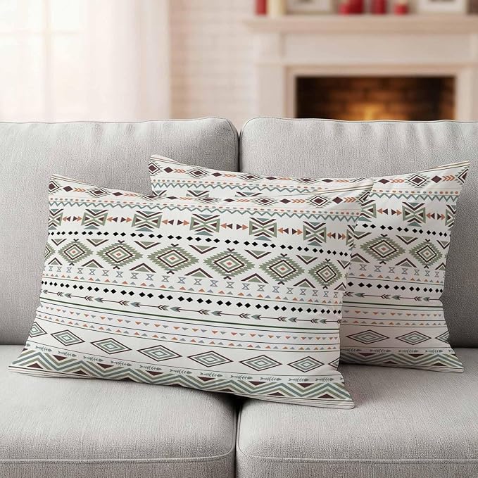 Sage Green Boho Outdoor Pillow Covers 20x12 Inch Lumbar Pillow Covers Set of 2 Waterproof Decorative Throw Pillow Cases Vintage Ethnic Tribe Abstract Art Cushion Covers for Patio Furniture Garden