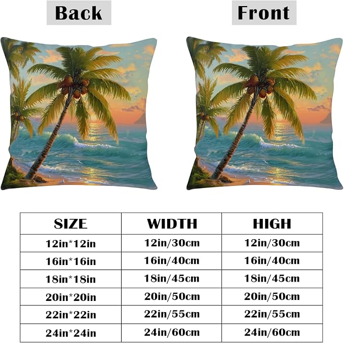 Coconut Palm Tree Pillow Covers Tropical Ocean Beach Throw Pillow Covers 16x16 Set of 2 Summer Sunset Coastal Pillow Cases Hawaiian Sea Wave Cushion Case for Home Living Room Bedroom