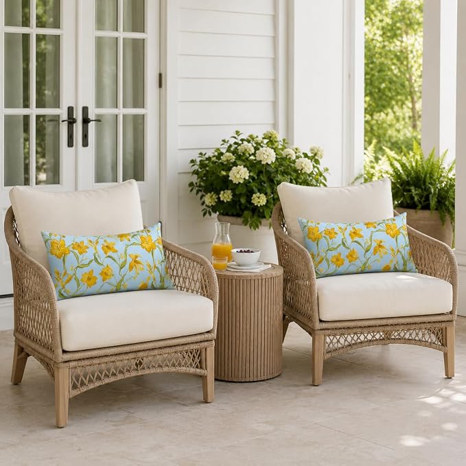 Pack of 2 Patio Lumbar Pillows 12"x20" | Fade Resistant Outdoor Waterproof Lumbar Pillow with Inners Decorative Garden Lumbar Cushions for Home Patio Terrace Sofa