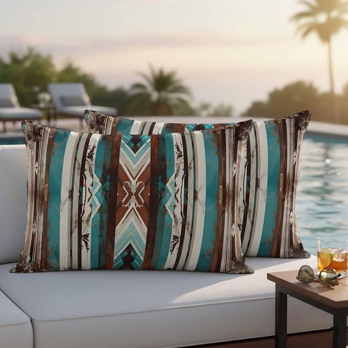 Ethnic Tribal Stripes Outdoor Pillow Covers 20"x12" Set of 2, Retro Vintage Geometric Teal Brown Stripes Waterproof Throw Pillow Covers for Patio Furniture, Decorative Cushion Covers for Porch