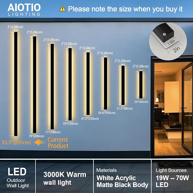 AioTio Modern Outdoor Lights Fixture,92.5inch Exterior Porch Lights Fixture Wall Mount,3000K Rectangular Black Linear Long LED Outdoor Entrance Wall Sconce Lighting for Garage,Front Door
