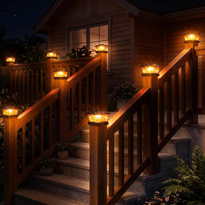 btfarm 4x4 Solar Flame Post Cap Lights Outdoor, 4 Pack Flickering Flame Fence Deck Post Lights, Waterproof Solar Powered Lighting Outside Fit 4x4 3.5x3.5 Wooden/Vinyl for Porch Patio Garden, Black Cap