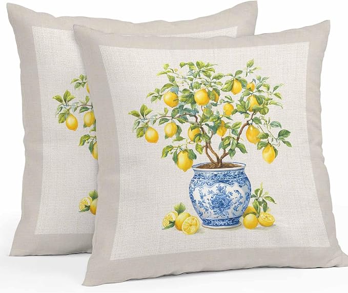 Summer Lemons Outdoor Pillow Covers 20x20 Inch Throw Pillow Covers Set of 2 Waterproof Decorative Pillow Cases Brown Beige Farmhouse Botanical Linen Cushion Covers for Patio Furniture Garden Couch