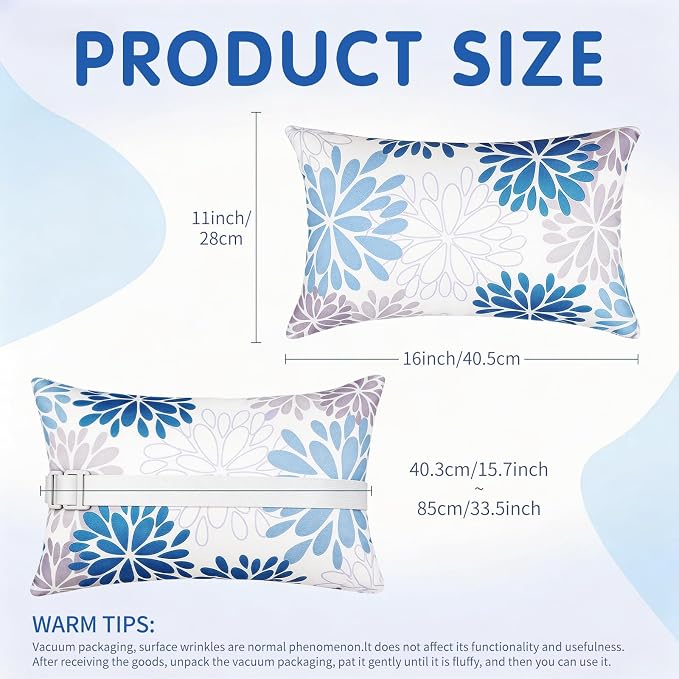 cygnus 2pcs Chaise Lounge Pillow with Strap Outdoor Waterproof Pool Chair Neck Headrest Pillows with Adjustable Elastic Band for Beach Patio Chair Recliner 16 x 11 Inches,Blue Gray Floral