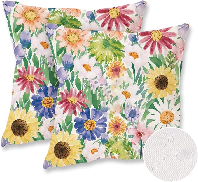 ONWAY Outdoor Floral Pillow Covers 18X18 inch Set of 2 Waterproof Yellow and Green Daisy Decorative Throw Pillowcases for Patio Furniture Garden Spring Summer Cushion Cover