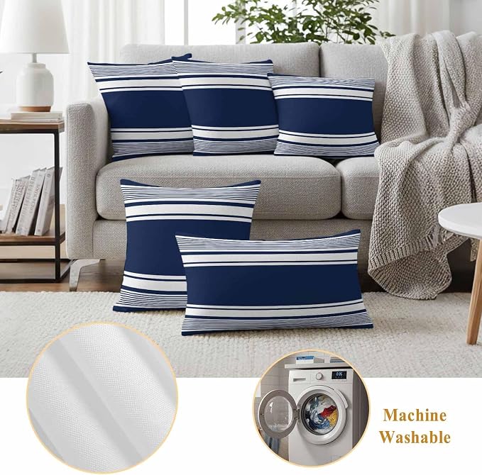 Vandarllin Outdoor Throw Pillows Covers 16x16 inch Set of 2 Waterproof Navy Blue Stripes Decorative Zippered Cushion Covers for Patio Furniture, Striped Lines Lumbar Pillowcases