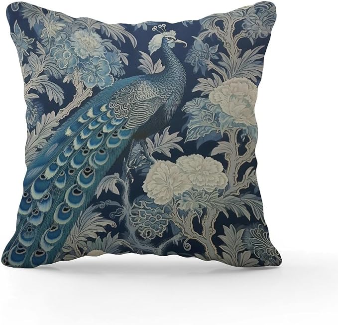 Blue Peacock Chinoiserie Cushion Cases Blue Grey Asian Flower Throw Pillow Cover Rustic Decorative Cushion Cases Home Decor for Sofa Patio Couch 26x26 in