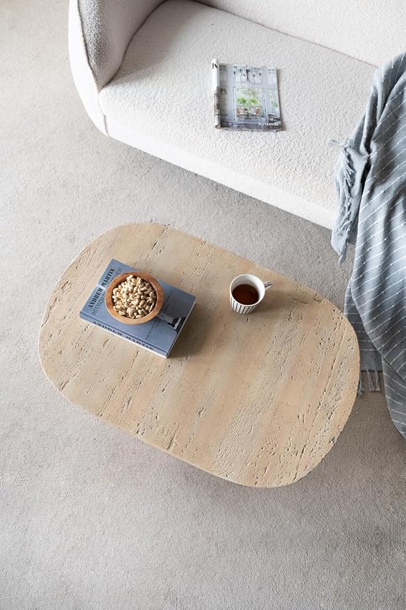 36" Faux Stone Coffee Table for Living Room Oval Coffee Table for Indoor or Outdoor, Modern Travertine Concrete Pattern Center Tables Side Tables, Magnesium Oxide, No Assembly,Cream