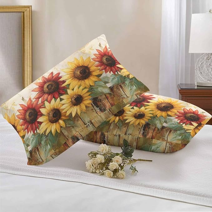 Retro Farmhouse Red Yellow Sunflower Outdoor Pillow Covers 20x12in Pack of 2 Waterproof Pillowcase Vintage Rustic Wood Floral Decorative Throw Cushion Case for Patio Couch Sofa